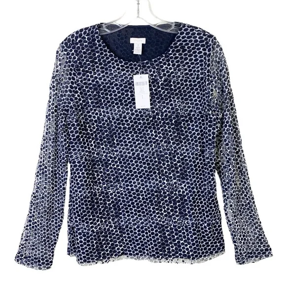 Chico’s NEW Dot Lace Tiered Long Sheer Sleeve Blouse Top Midnight Blue Size 8 - Picture 1 of 10
